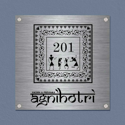 Personalized Warli Art Stainless Steel Metal Name Plate for Home Entrance