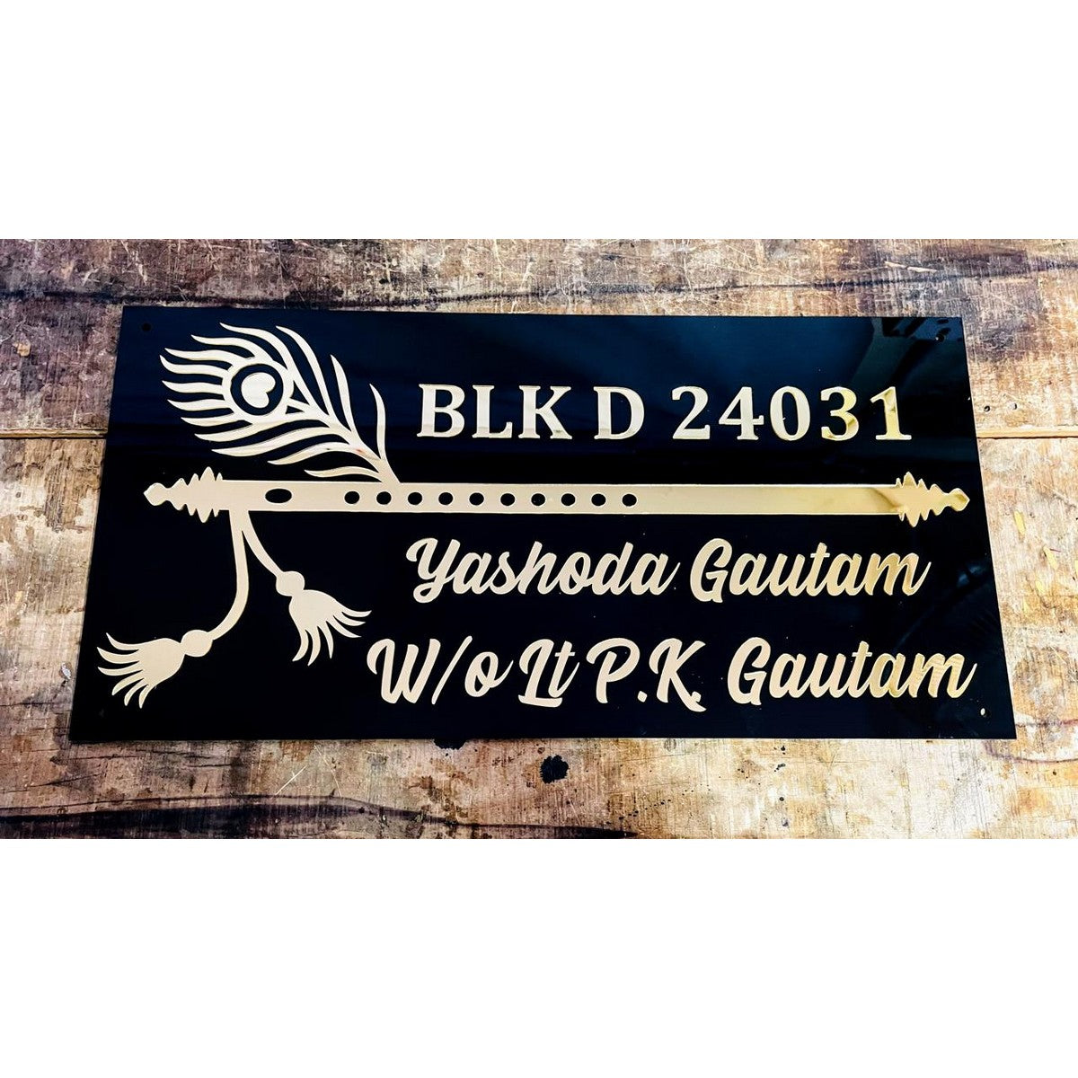 Unique Bansuri Design 3D Embossed Acrylic Name Plate for Home - Harshita Craft