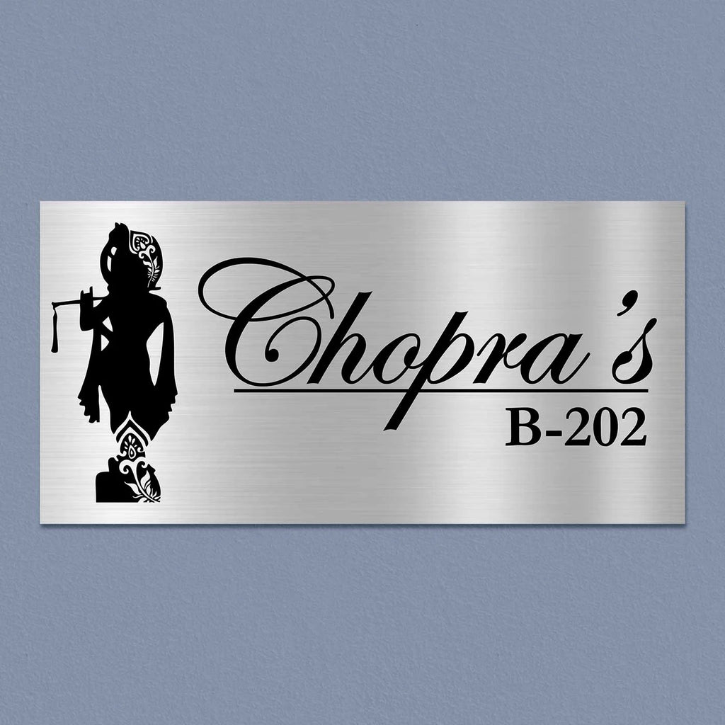Personalized Lord Krishna Stainless Steel Metal Name Plate for Home - Harshita Craft
