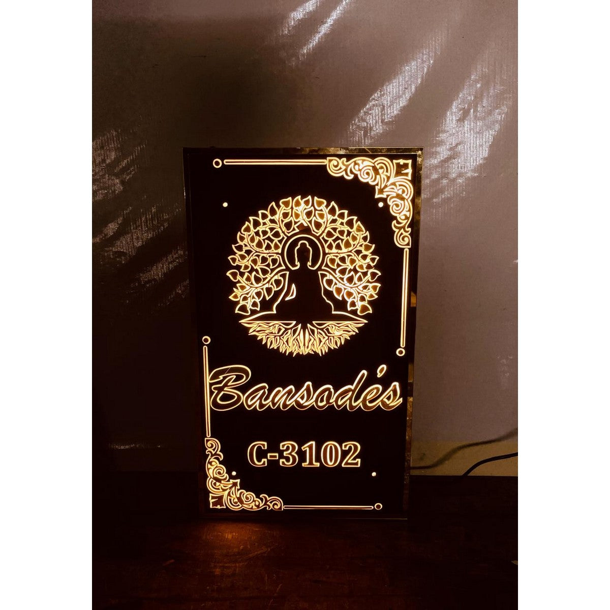 Black & Golden LED Acrylic Name Plate for Home