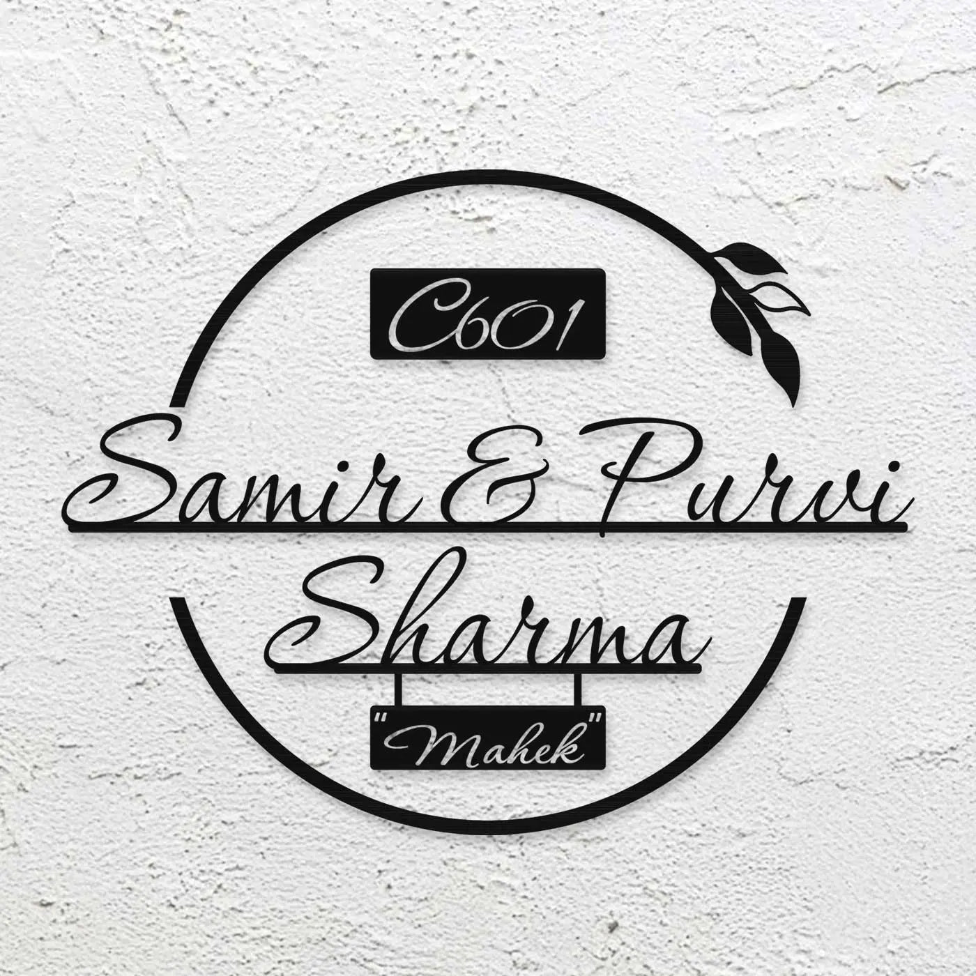 Personalized Round Leaf Design Metal Name Plate for Home | Laser Cut Steel Name Board - Harshita Craft