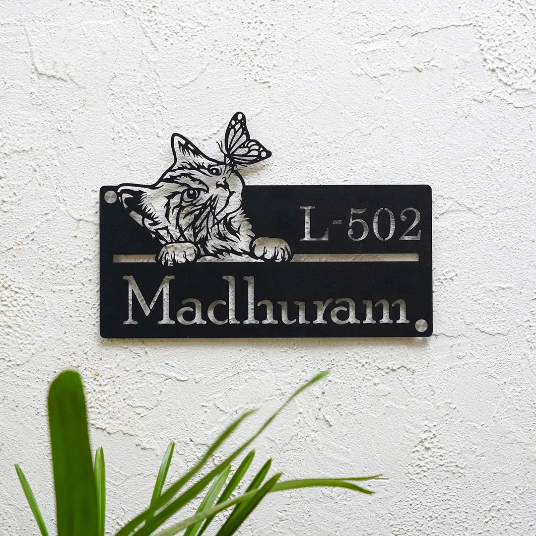 Personalized Cat Theme Metal Name Plate for Home | Weatherproof Design - Harshita Craft