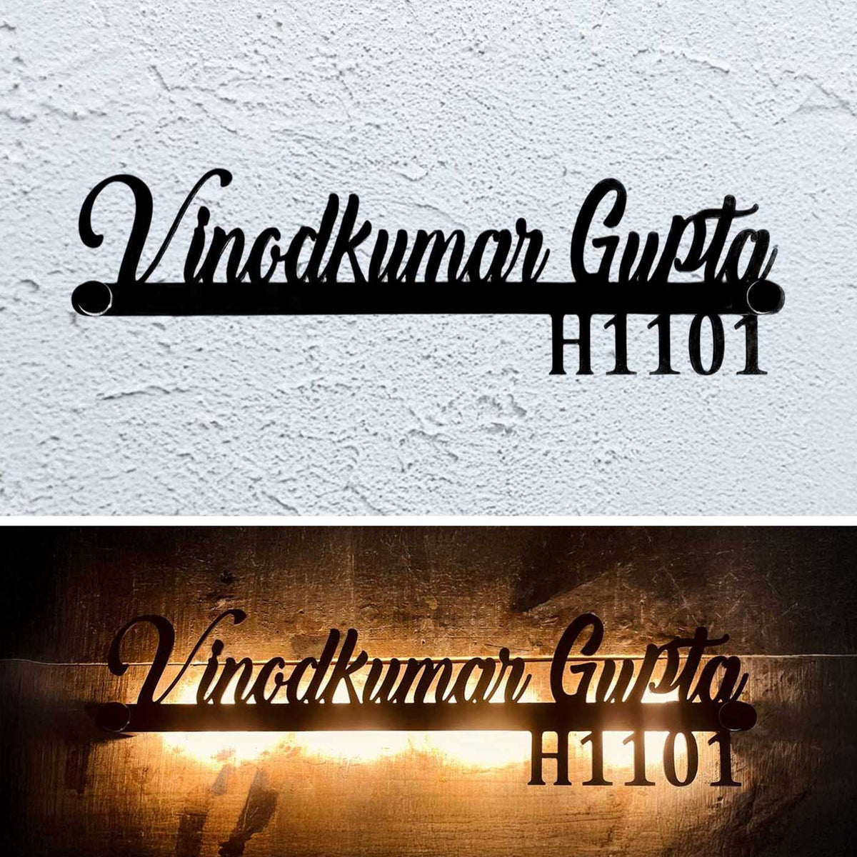 Personalized Waterproof Black LED Metal Name Plate for Home – Laser Cut Design