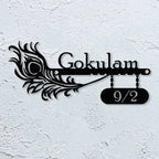 Personalized Peacock Feather Metal Name Plate for Home | Laser Cut Steel Design - Harshita Craft