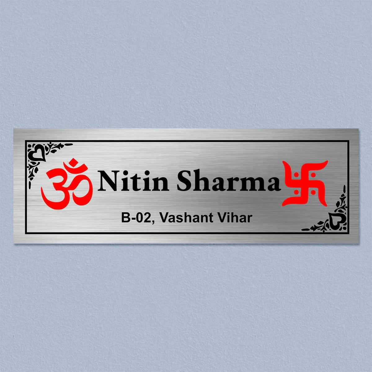 Personalized Om & Swastik Stainless Steel Metal Name Plate for Home Entrance
