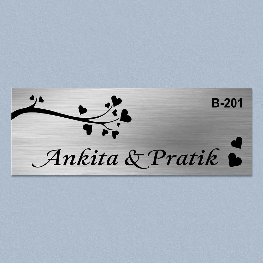Personalized Love Theme Stainless Steel Metal Name Plate for Home Entrance - Harshita Craft