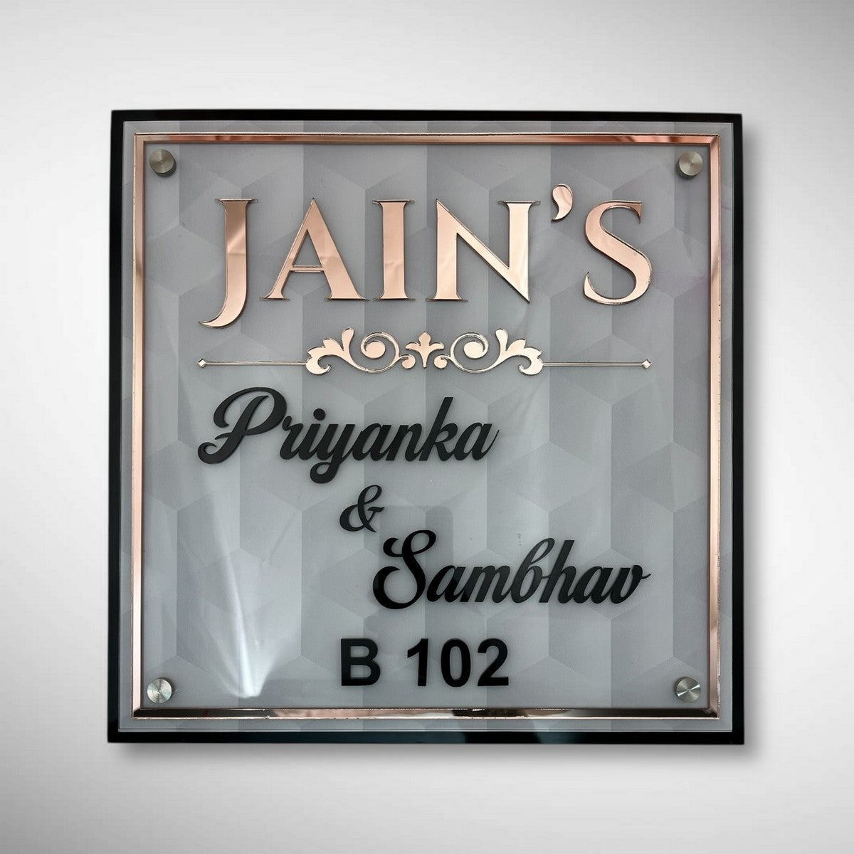 White 3D Geometric Acrylic Name Plate with ACP Base 