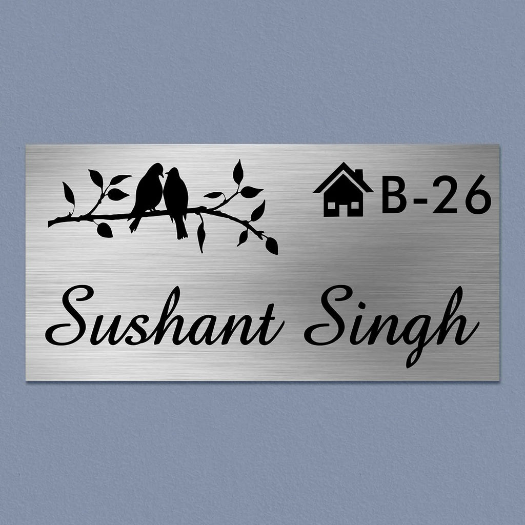 Personalized Birds Theme Stainless Steel Metal Name Plate for Home & Outdoor - Harshita Craft