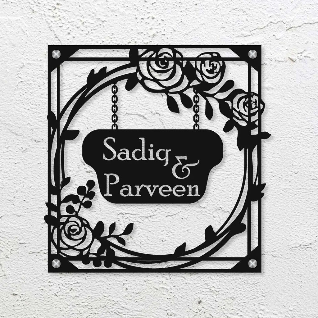Personalized Metal Name Plate for Home – Rose Theme Steel Design - Harshita Craft
