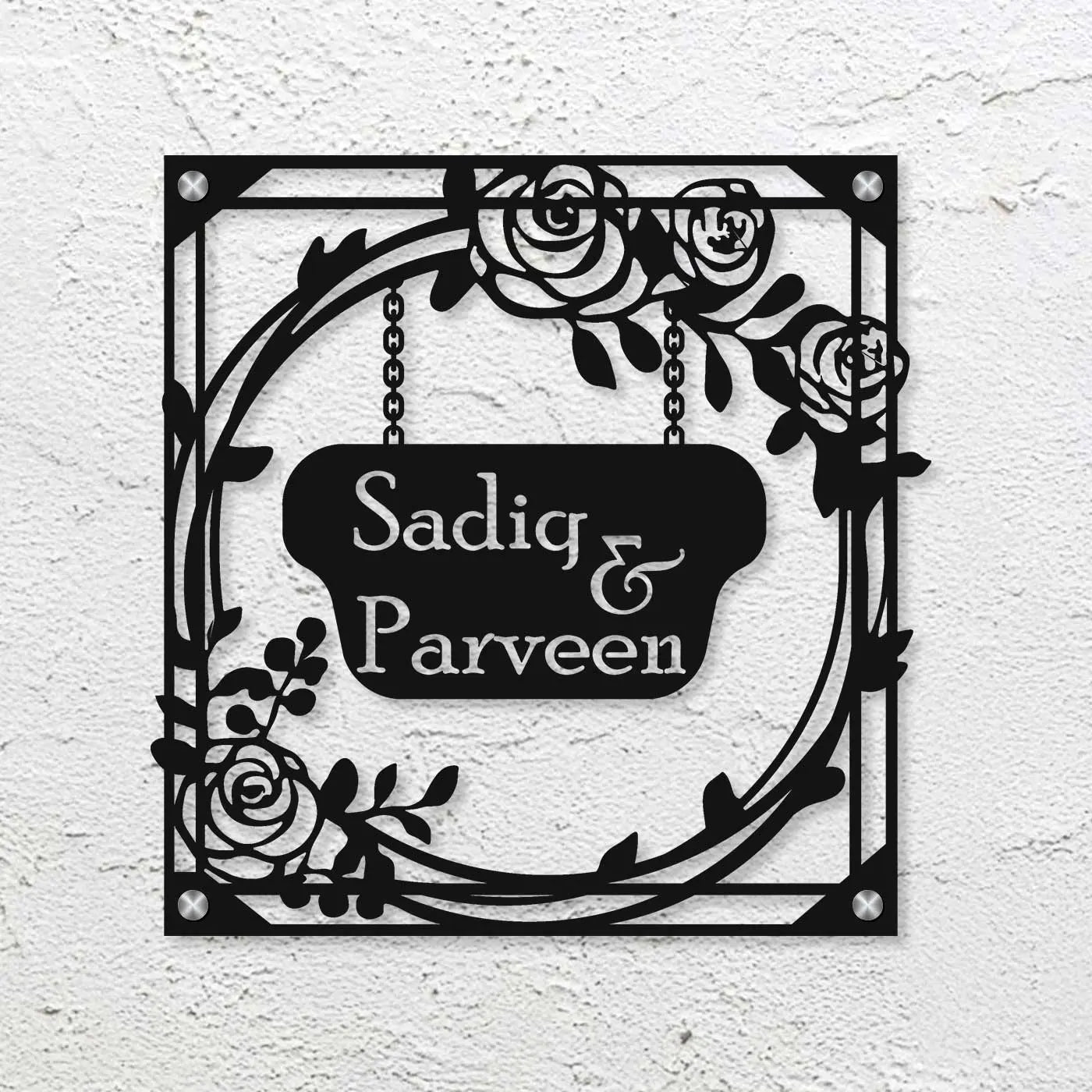Personalized Metal Name Plate for Home – Rose Theme Steel Design - Harshita Craft