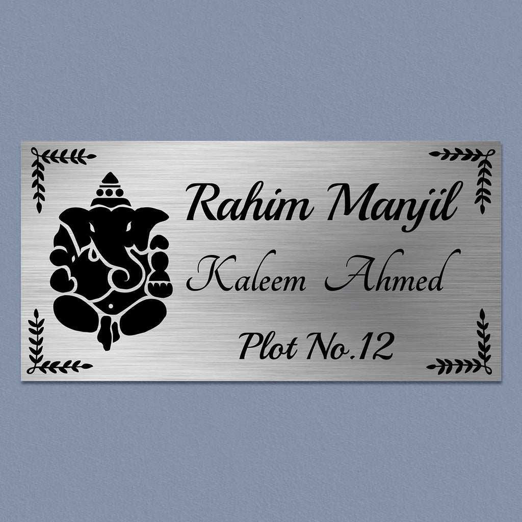 Personalized Ganesha Theme Stainless Steel Metal Name Plate for Home - Harshita Craft