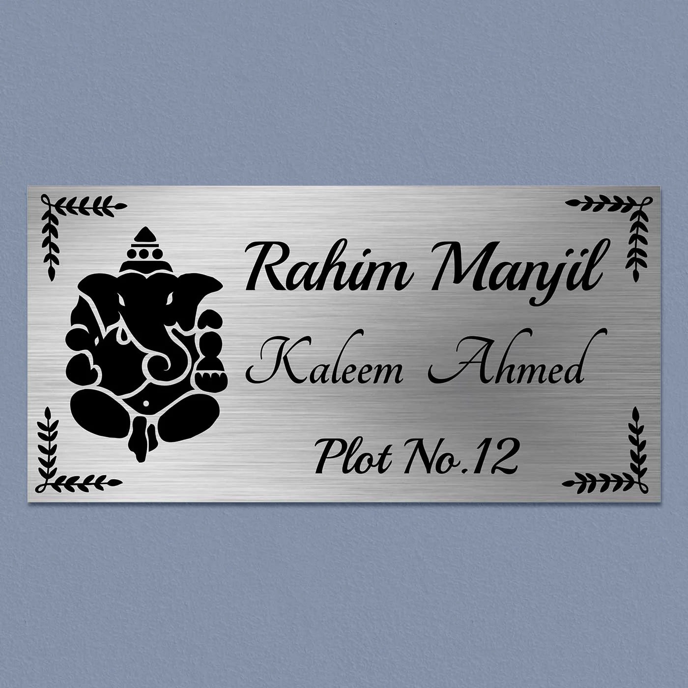 Personalized Ganesha Theme Stainless Steel Metal Name Plate for Home - Harshita Craft