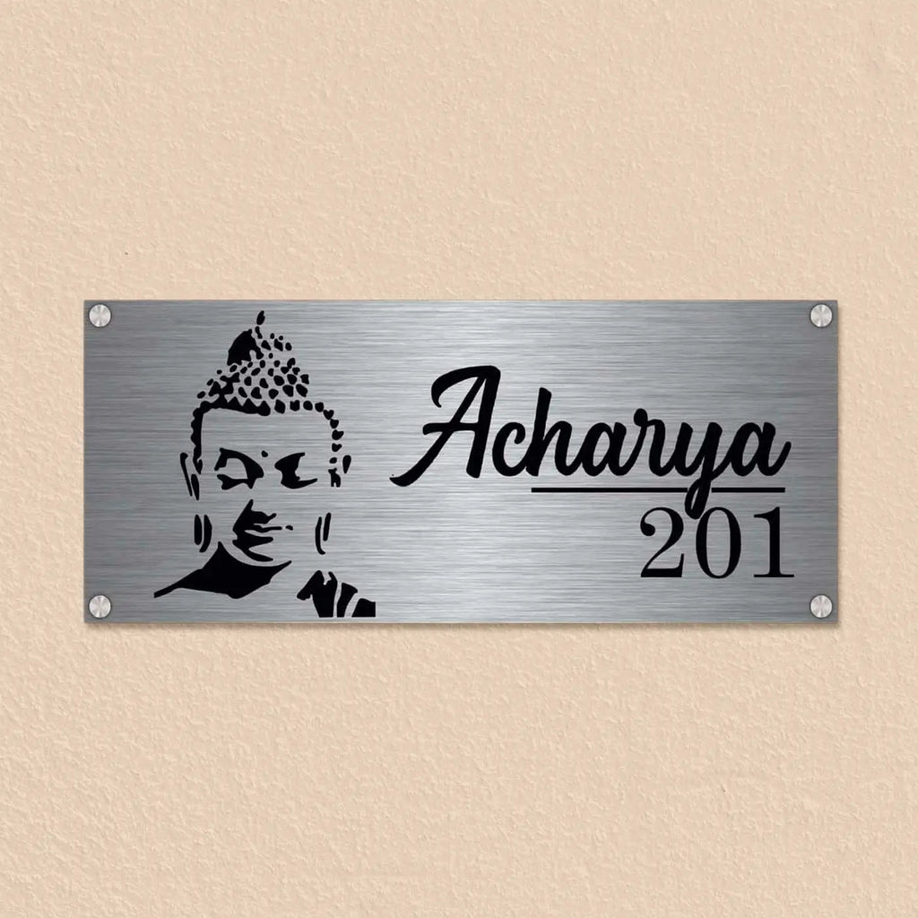 Personalized Gautam Buddha Stainless Steel Metal Name Plate for Home Entrance - Harshita Craft