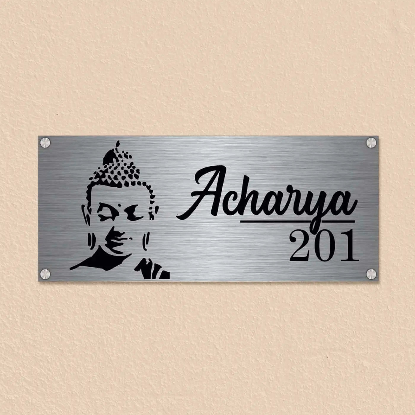 Personalized Gautam Buddha Stainless Steel Metal Name Plate for Home Entrance - Harshita Craft