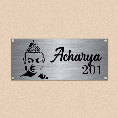Personalized Gautam Buddha Stainless Steel Metal Name Plate for Home Entrance