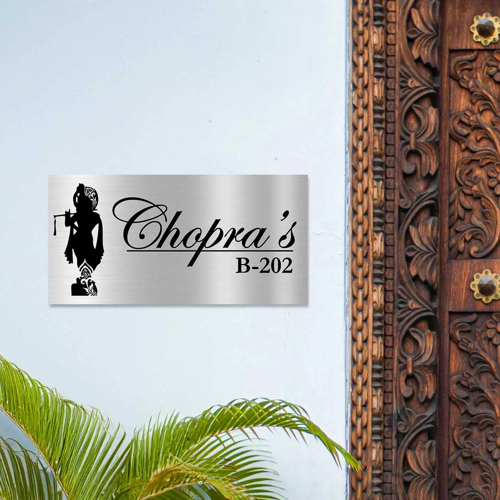 Personalized Lord Krishna Stainless Steel Metal Name Plate for Home - Harshita Craft