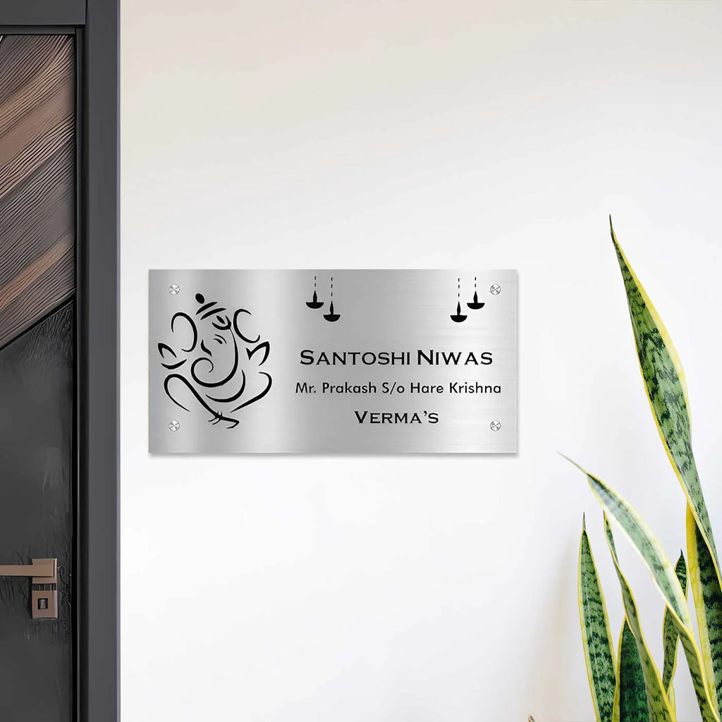 Personalized Ganesha & Diya Stainless Steel Metal Name Plate for Home | Custom Laser-Cut Design - Harshita Craft