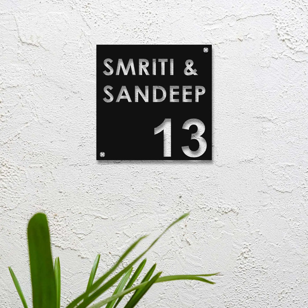 Personalized Laser Cut Square Steel Name Plate for Home Entrance - Harshita Craft