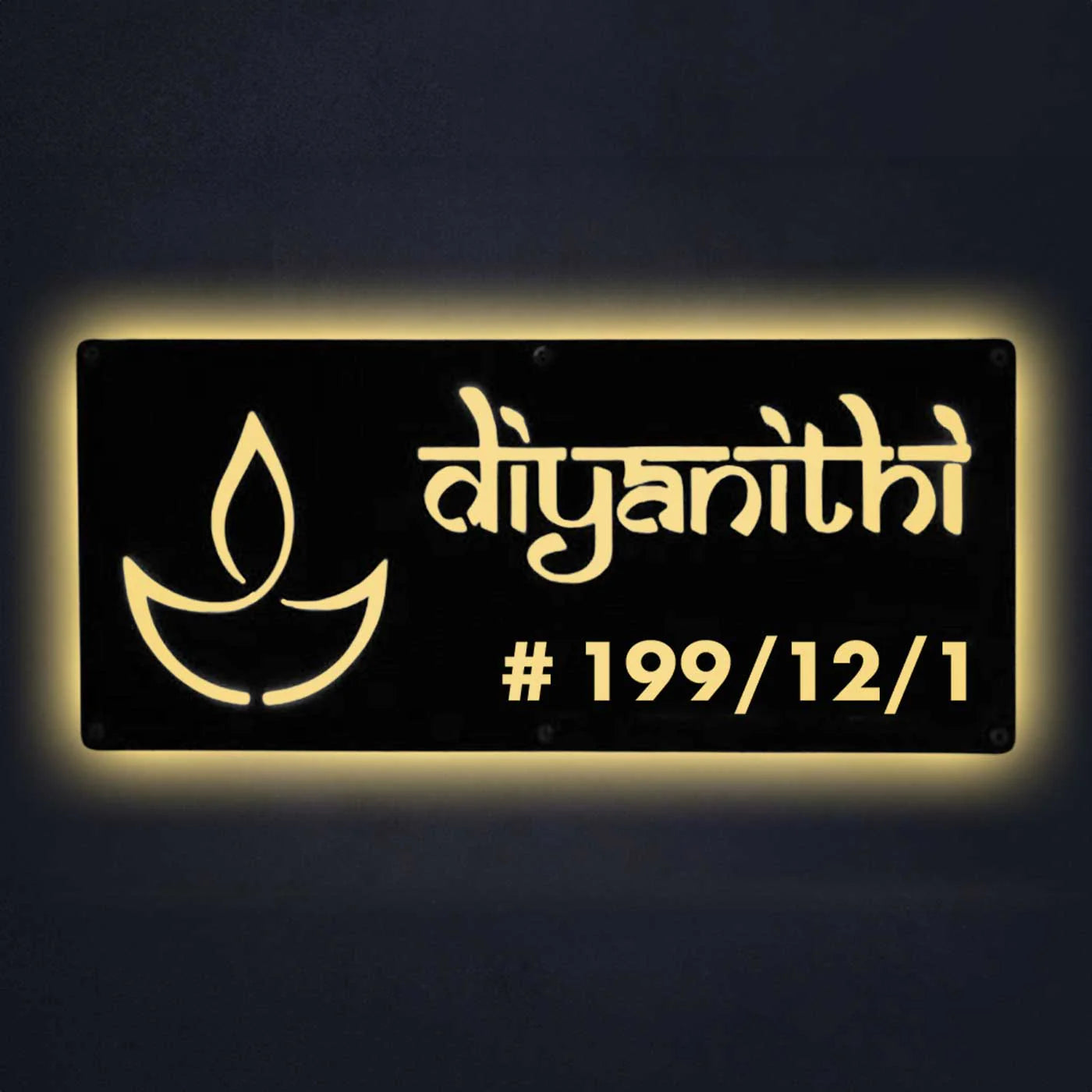 Personalized Waterproof Diya Design Laser Cut Metal LED Name Plate for Home Entrance - Harshita Craft