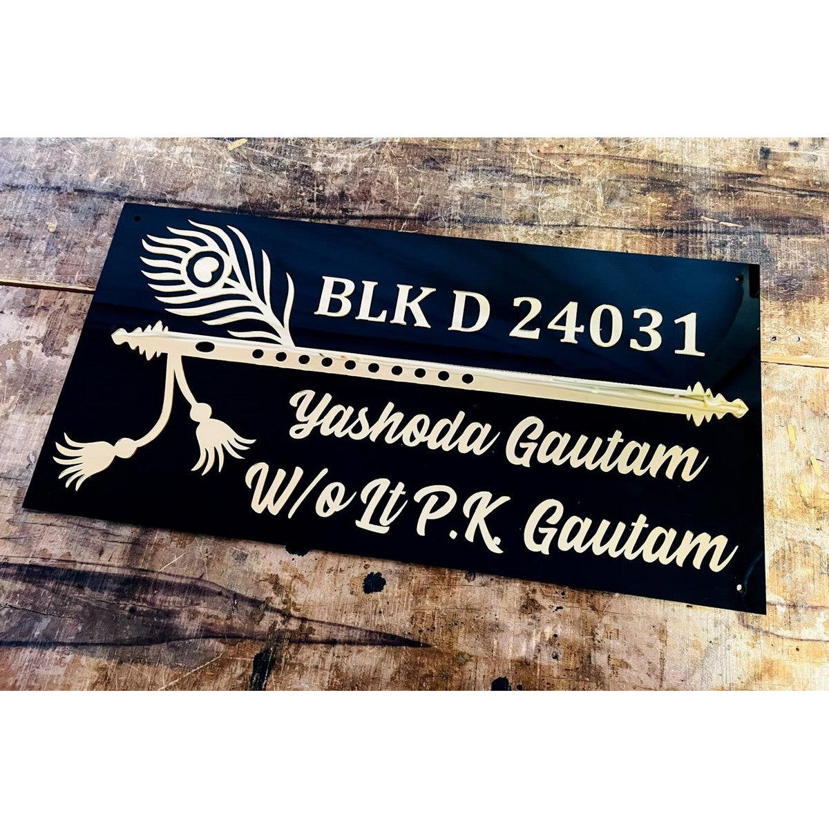 Unique Bansuri Design 3D Embossed Acrylic Name Plate for Home - Harshita Craft