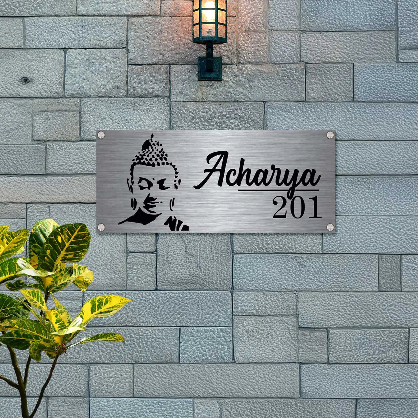 Personalized Gautam Buddha Stainless Steel Metal Name Plate for Home Entrance - Harshita Craft