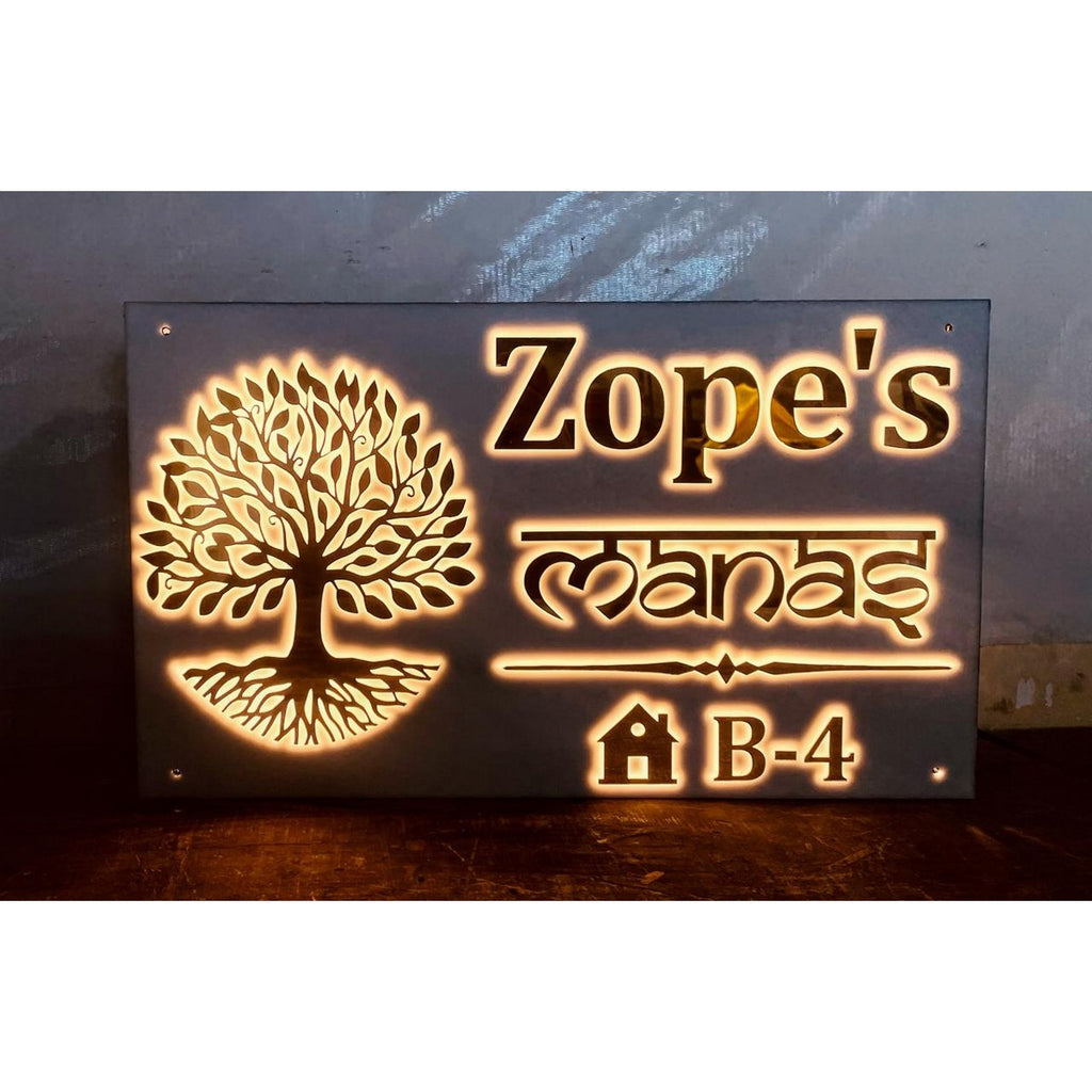 Tree Design Golden Acrylic LED Name Plate