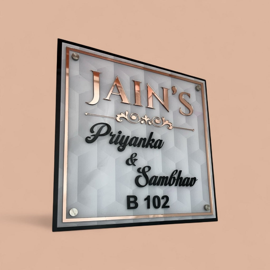 White 3D Geometric Acrylic Name Plate with ACP Base 