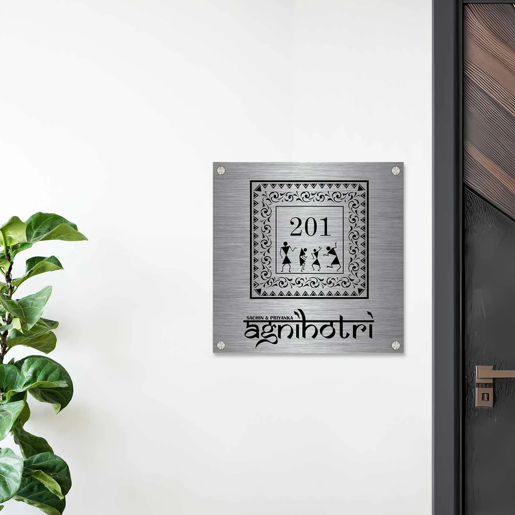 Personalized Warli Art Stainless Steel Metal Name Plate for Home Entrance - Harshita Craft