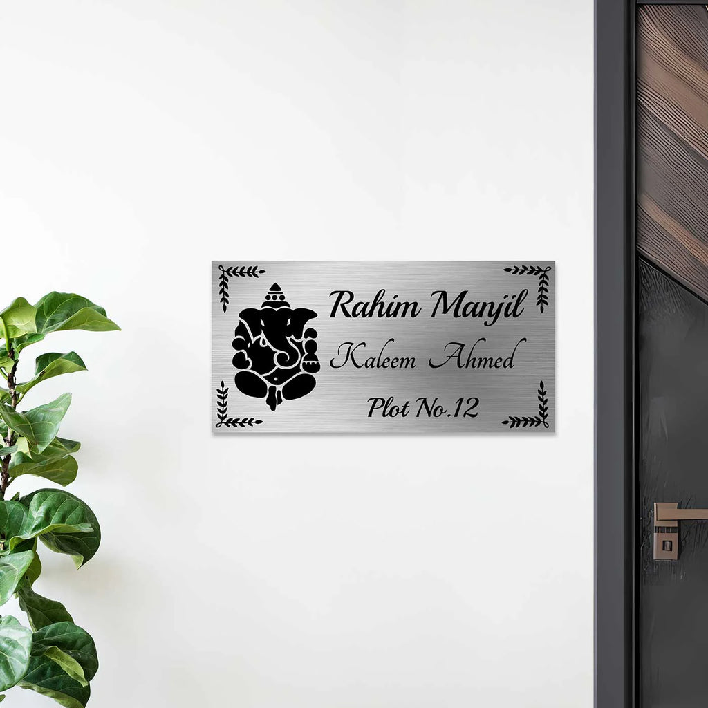 Personalized Ganesha Theme Stainless Steel Metal Name Plate for Home - Harshita Craft