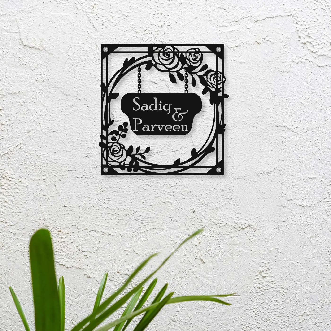Personalized Metal Name Plate for Home – Rose Theme Steel Design - Harshita Craft