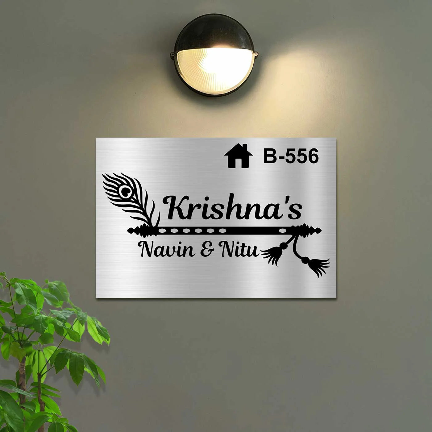 Personalized Stainless Steel Metal Name Plate for Home – Flute Theme | Premium Outdoor Name Plate - Harshita Craft