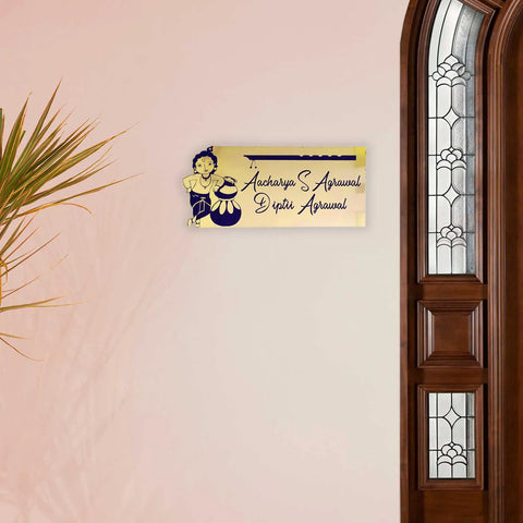 Personalized Metal Name Plate for Home – Krishna Theme Stainless Steel