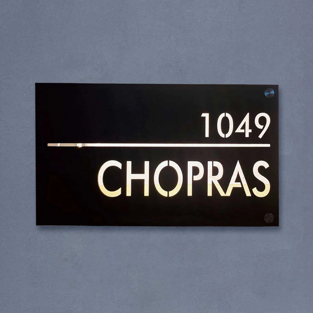 Personalized Waterproof Black Laser Cut Metal LED Name Plate for Home Entrance Outdoor - Harshita Craft