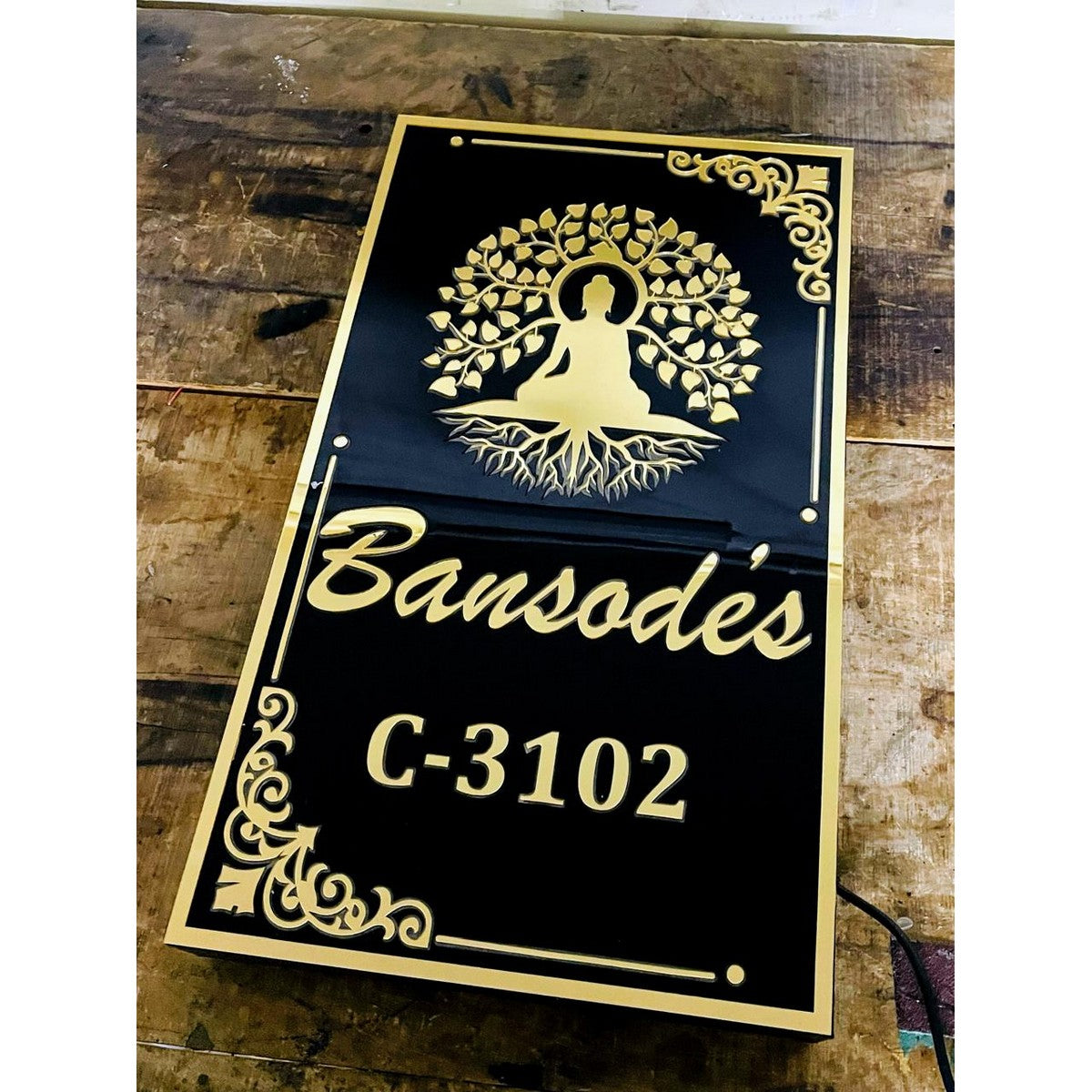 Black & Golden LED Acrylic Name Plate for Home