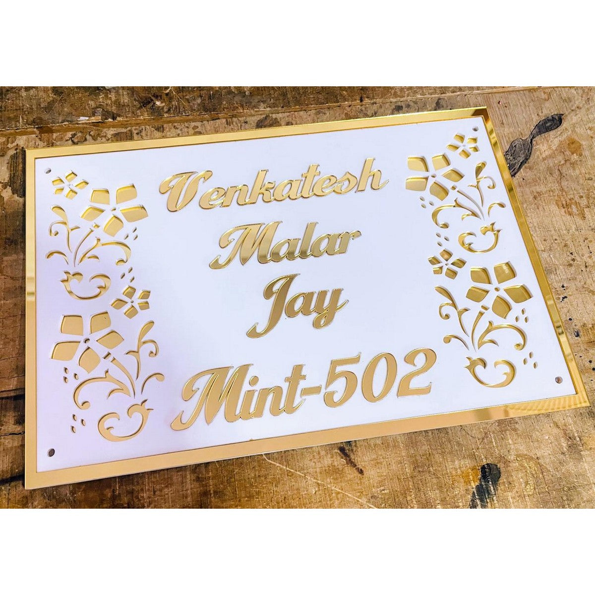 Custom Acrylic Laser Cut Name Plate for Home – Golden Embossed Design - Harshita Craft