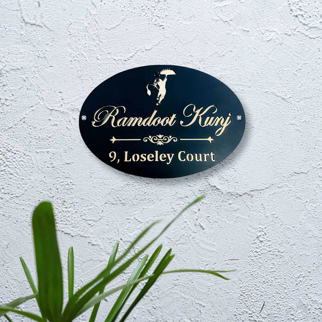 Personalized Hanuman Ji Black & Gold Metal Name Plate for Home - Harshita Craft