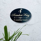 Personalized Hanuman Ji Black & Gold Metal Name Plate for Home - Harshita Craft