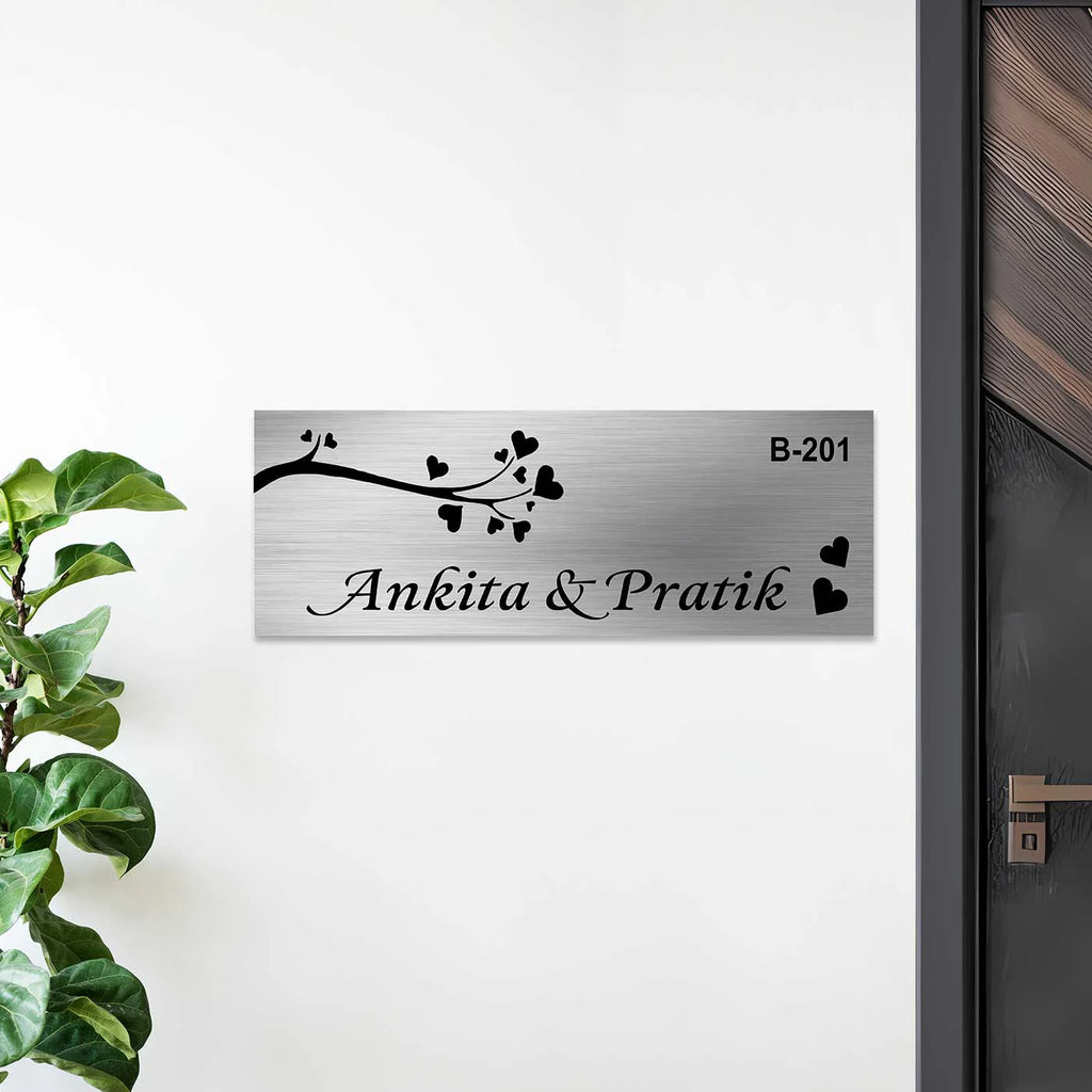 Personalized Love Theme Stainless Steel Metal Name Plate for Home Entrance - Harshita Craft