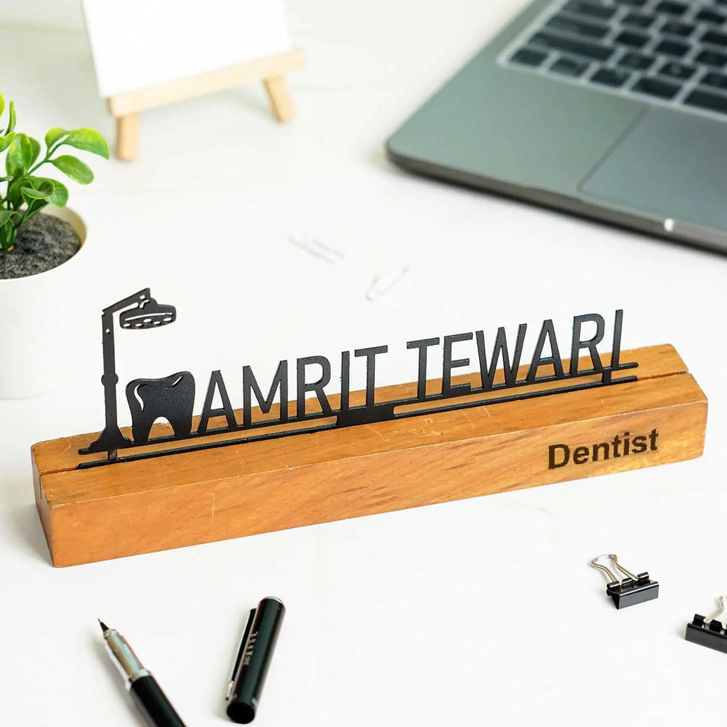 Personalized Minimal Desk Name Plate for Dentists – Metal & Wood - Harshita Craft