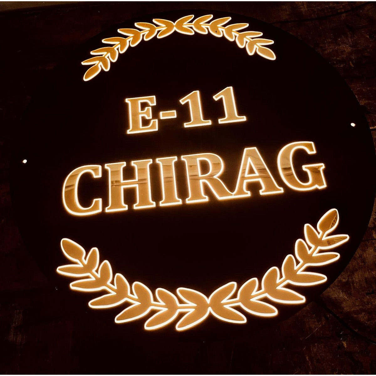 Round Acrylic LED Name Plate with Golden Embossed Letters for Home - Harshita Craft