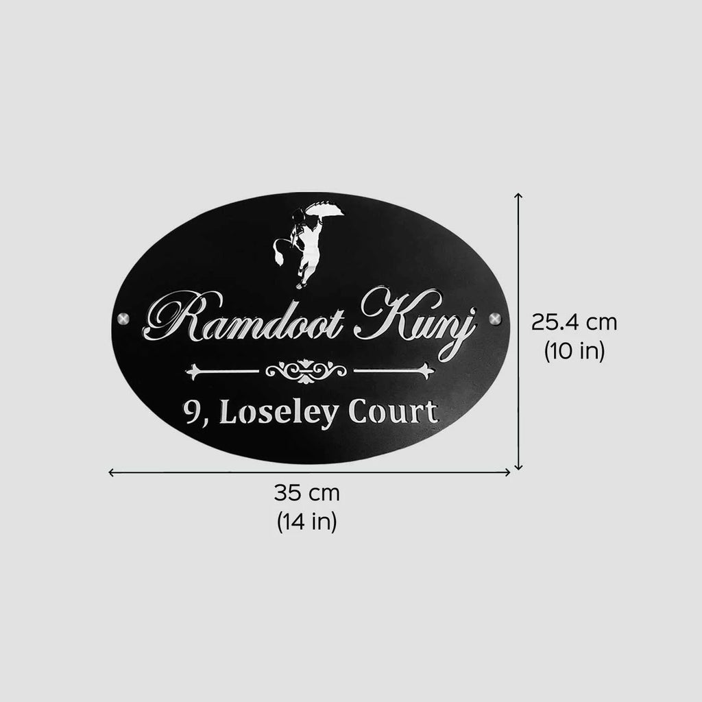 Personalized Hanuman Ji Black & Gold Metal Name Plate for Home - Harshita Craft