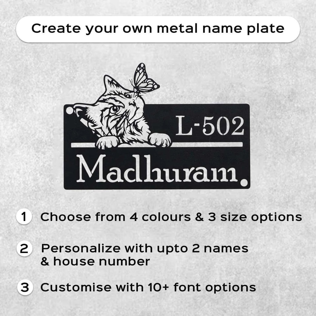 Personalized Cat Theme Metal Name Plate for Home | Weatherproof Design - Harshita Craft