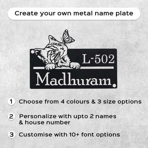 Personalized Cat Theme Metal Name Plate for Home | Weatherproof Design