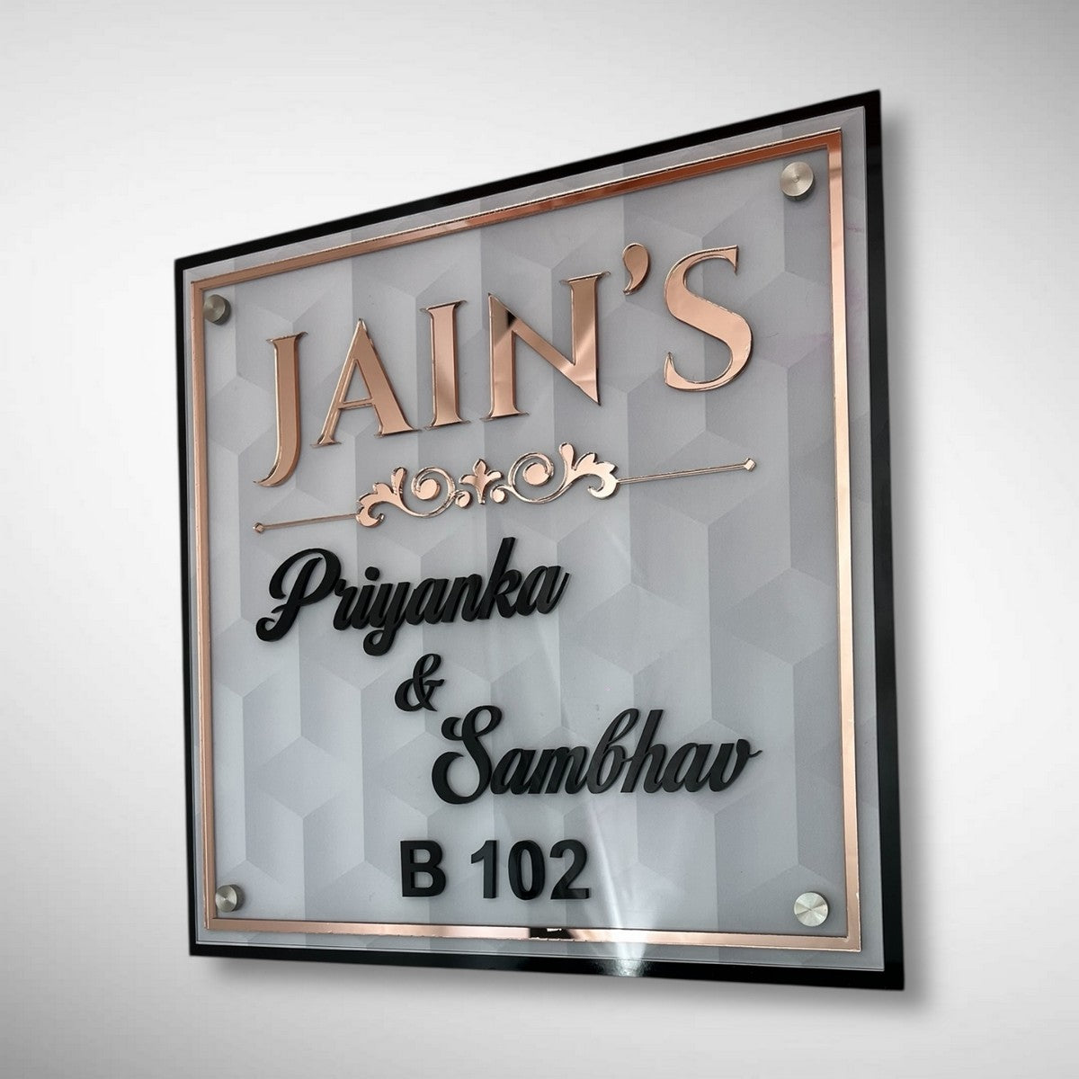 White 3D Geometric Acrylic Name Plate with ACP Base 