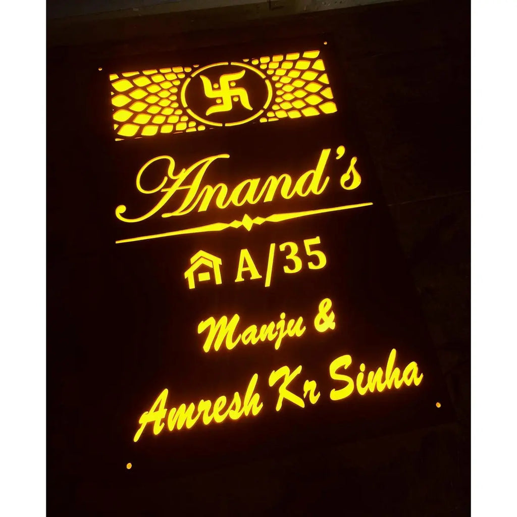 Acrylic Laser Cut LED House Name Plate with Yellow Lights – Custom Home Design - Harshita Craft