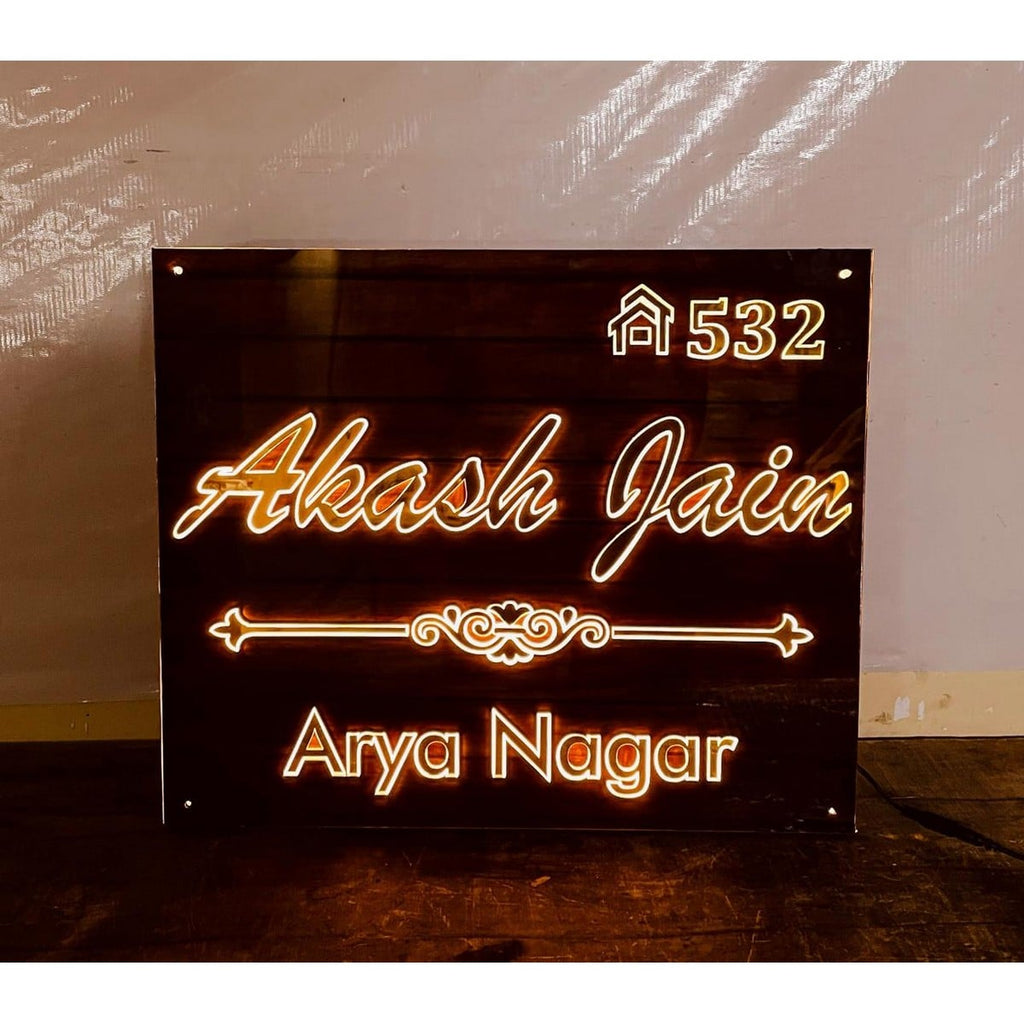 Wooden Finish Golden Acrylic LED Name Plate