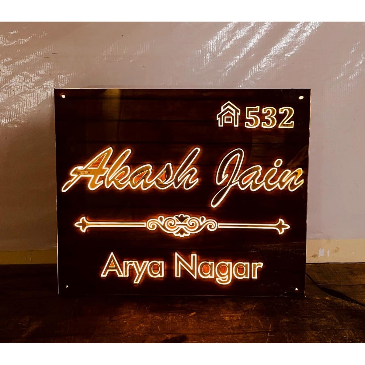 Wooden Finish Golden Acrylic LED Name Plate