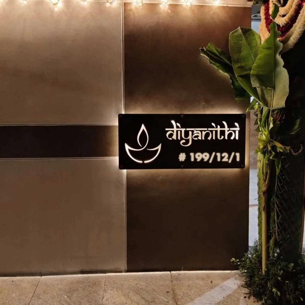 Personalized Waterproof Diya Design Laser Cut Metal LED Name Plate for Home Entrance - Harshita Craft