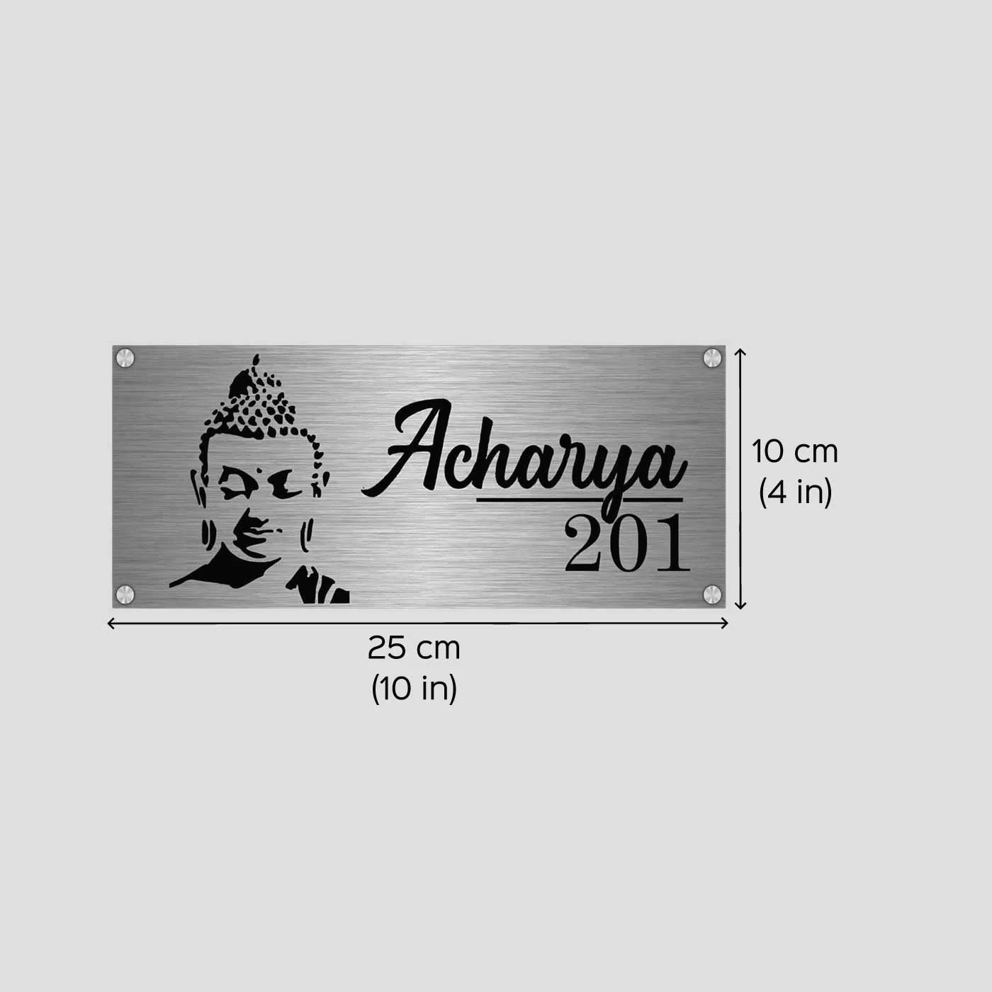 Personalized Gautam Buddha Stainless Steel Metal Name Plate for Home Entrance - Harshita Craft