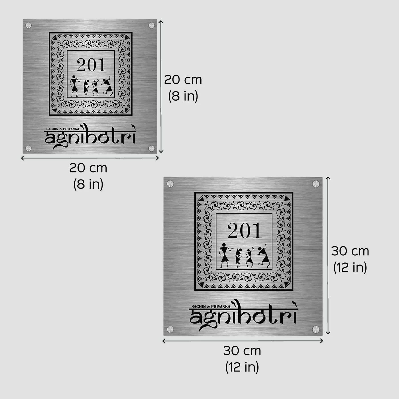 Personalized Warli Art Stainless Steel Metal Name Plate for Home Entrance - Harshita Craft